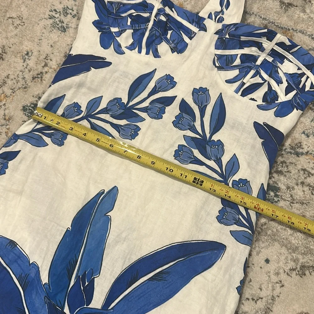 FARM Rio White Maxi Dress w/Bold Blue Floral Print Medium Like NEW! 100% Linen. - Picture 13 of 15